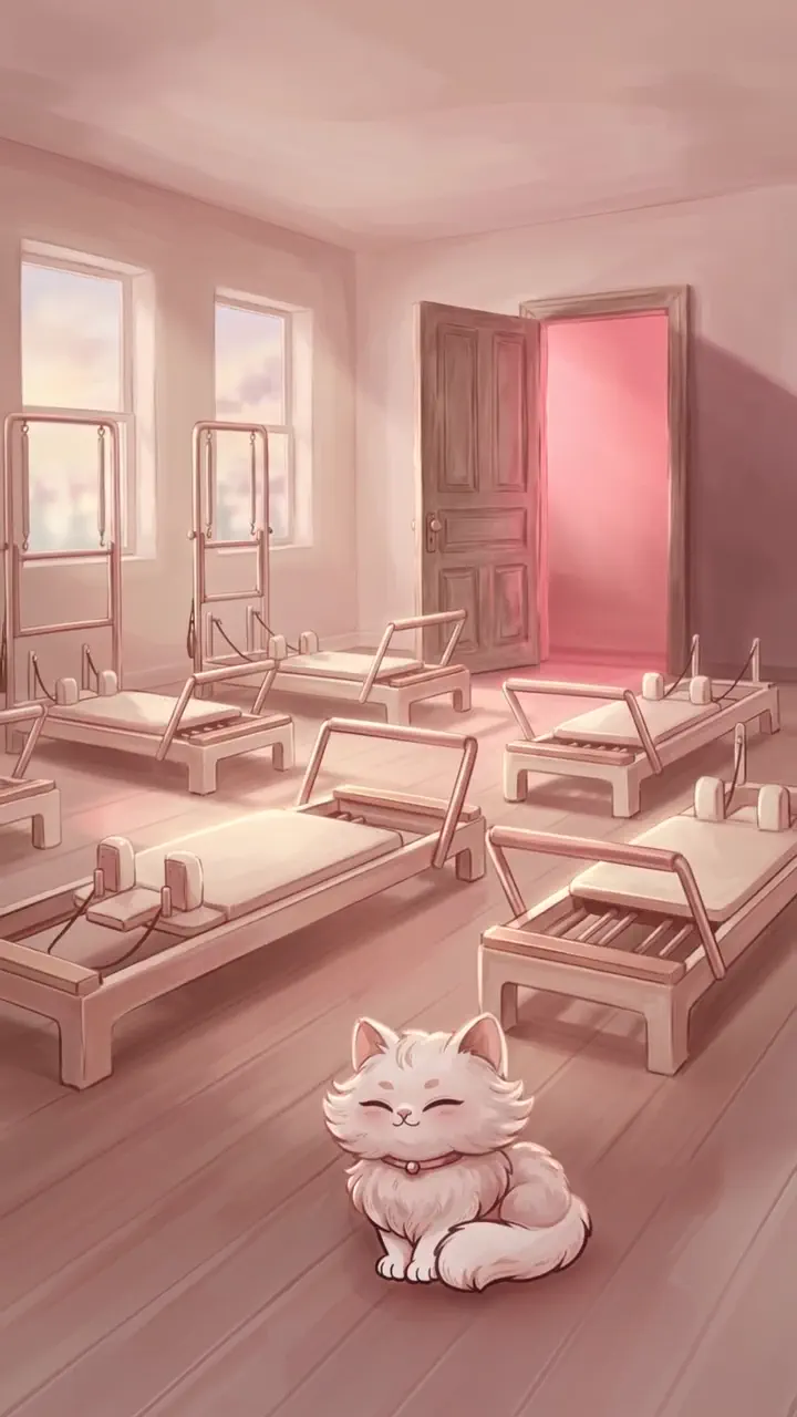 Snowball the cat resting on a rose-gold reformer in a soft, sunlit Mimoo studio